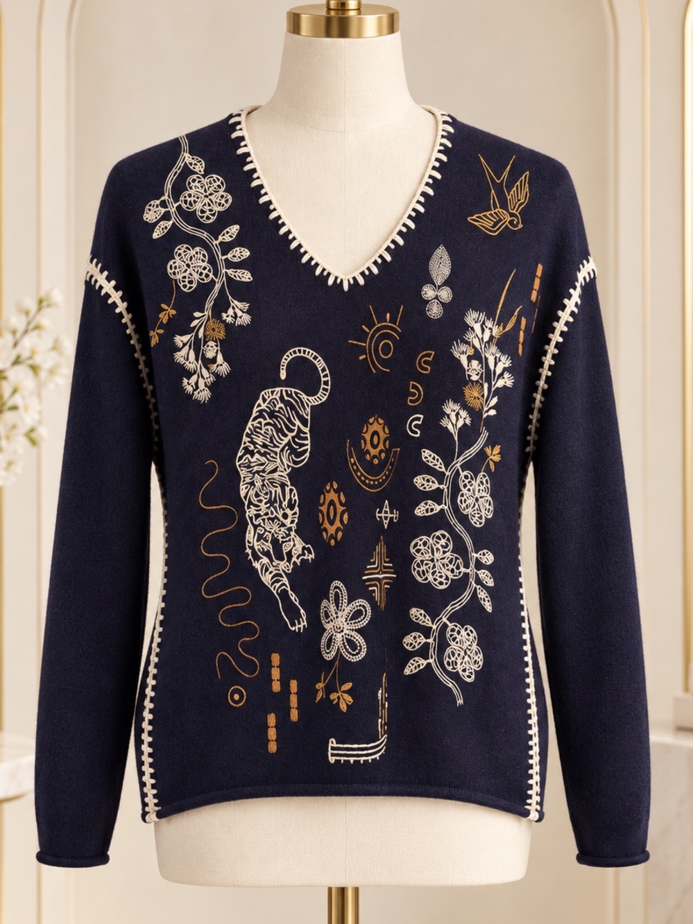 Johnny Was Jenai Whipstitch Tiger Embroidered Cashmere blend Sweater NWT